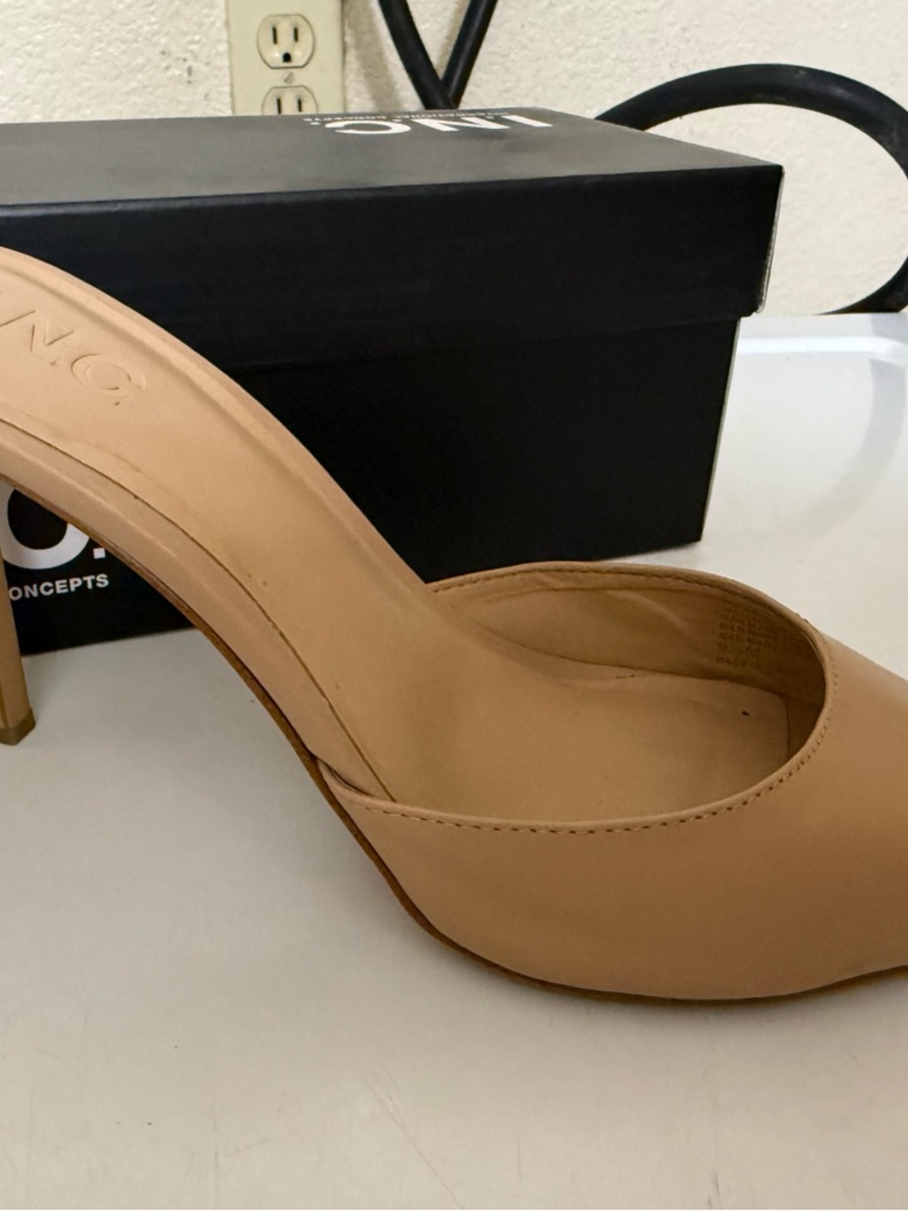 INC International Concepts Nude Tan Pointed Toe Mule Heels with Gold Cap - Picture 5 of 7
